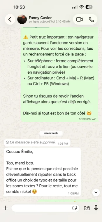 Capture WhatsApp de l'échange avec Fanny Cavier