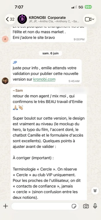 Capture WhatsApp de l'échange avec l'équipe Kronobi